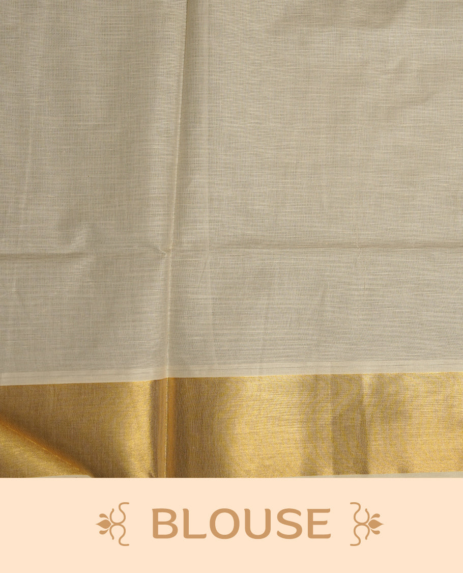 Elegant Off white colour cotton Kerala saree with gold zari buttas, broad kasavu border, and richly woven traditional pallu, paired with a matching blouse