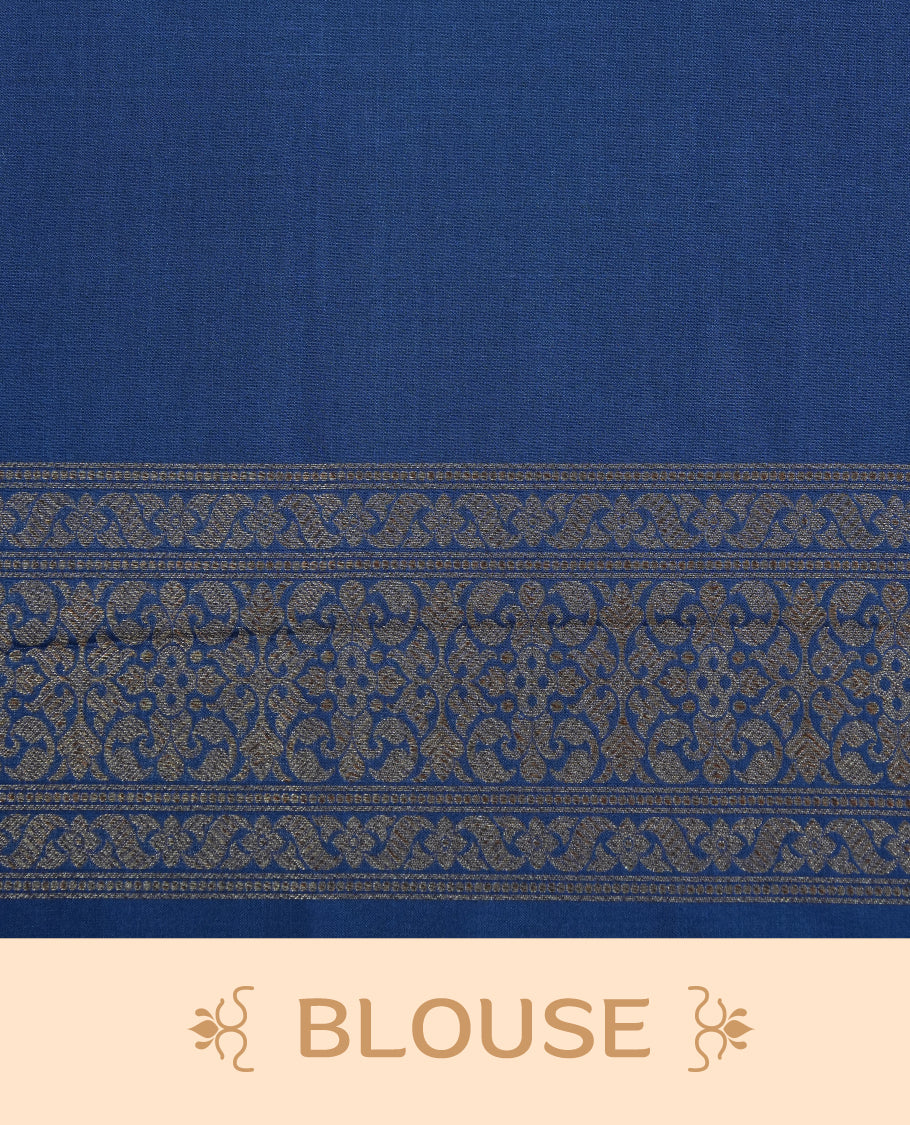 Blue Colour Semi Banarasi Katan Silk Saree with Gold Zari Buti Motifs, Traditional Gold Floral Pallu, Elaborate Woven Border, Decorative Tassels with Matching Blouse