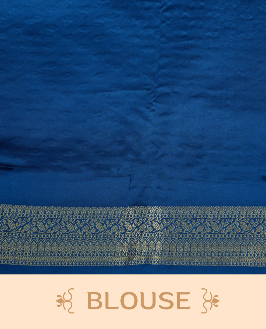 Royal Blue Colour Semi Banarasi Satin Crepe Saree with Silver Zari Buti Motifs, Traditional Gold Floral Pallu, Elaborate Woven Border, Decorative Tassels with Matching Blouse