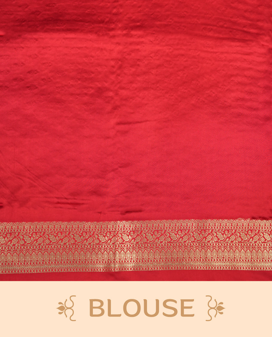 Red Colour semi Banaras satin crepe saree with Silver Zari Buti Motifs, Traditional Gold Border, Elaborate Woven Pallu, Decorative Tassels, with Matching Blouse