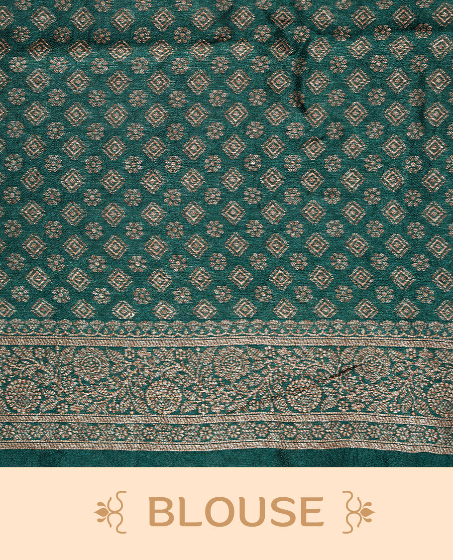 Green colour Semi banaras tussar georgette Saree featuring Antique zari motifs on body, enhanced with antique zari border, paired with a matching blouse piece.