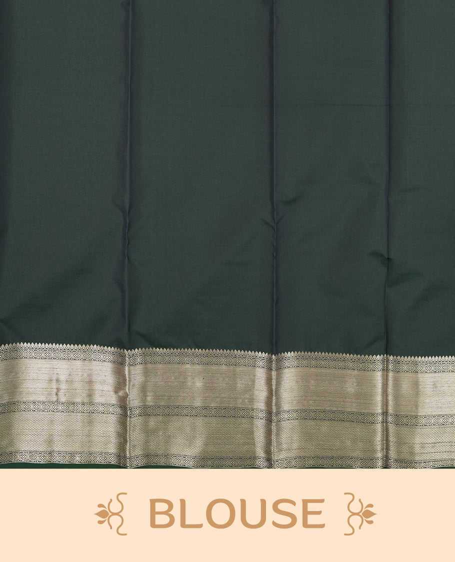 Dark Green colour semi soft silk saree featuring a gold leaf patterned body, complemented by gold traditional pallu & border and a matching blouse piece.
