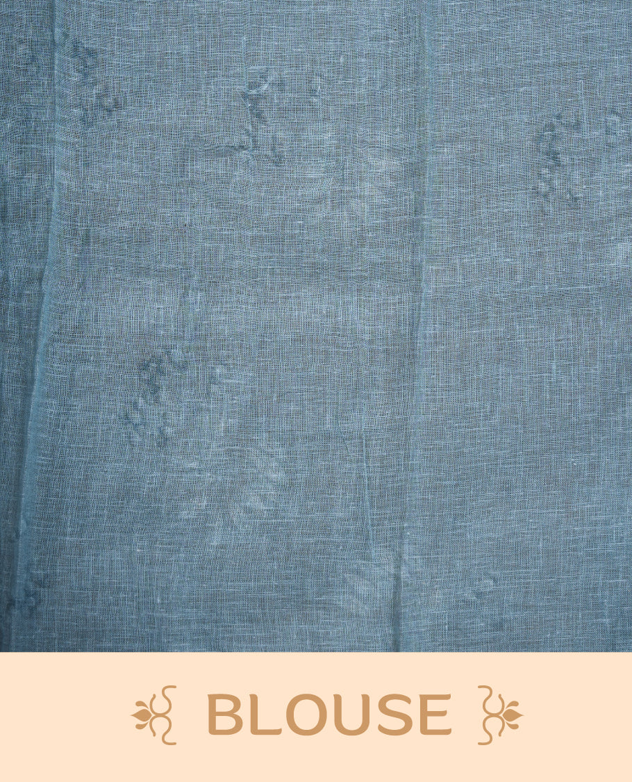 Light blue colour pure linen saree featuring Floral print pattern across body, silver thin border finished with matching blouse.