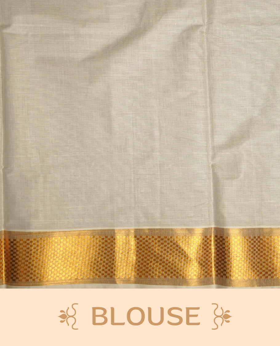 Elegant off white colour cotton Kerala saree with gold zari buttas, broad kasavu border, and richly woven traditional pallu, paired with a matching blouse