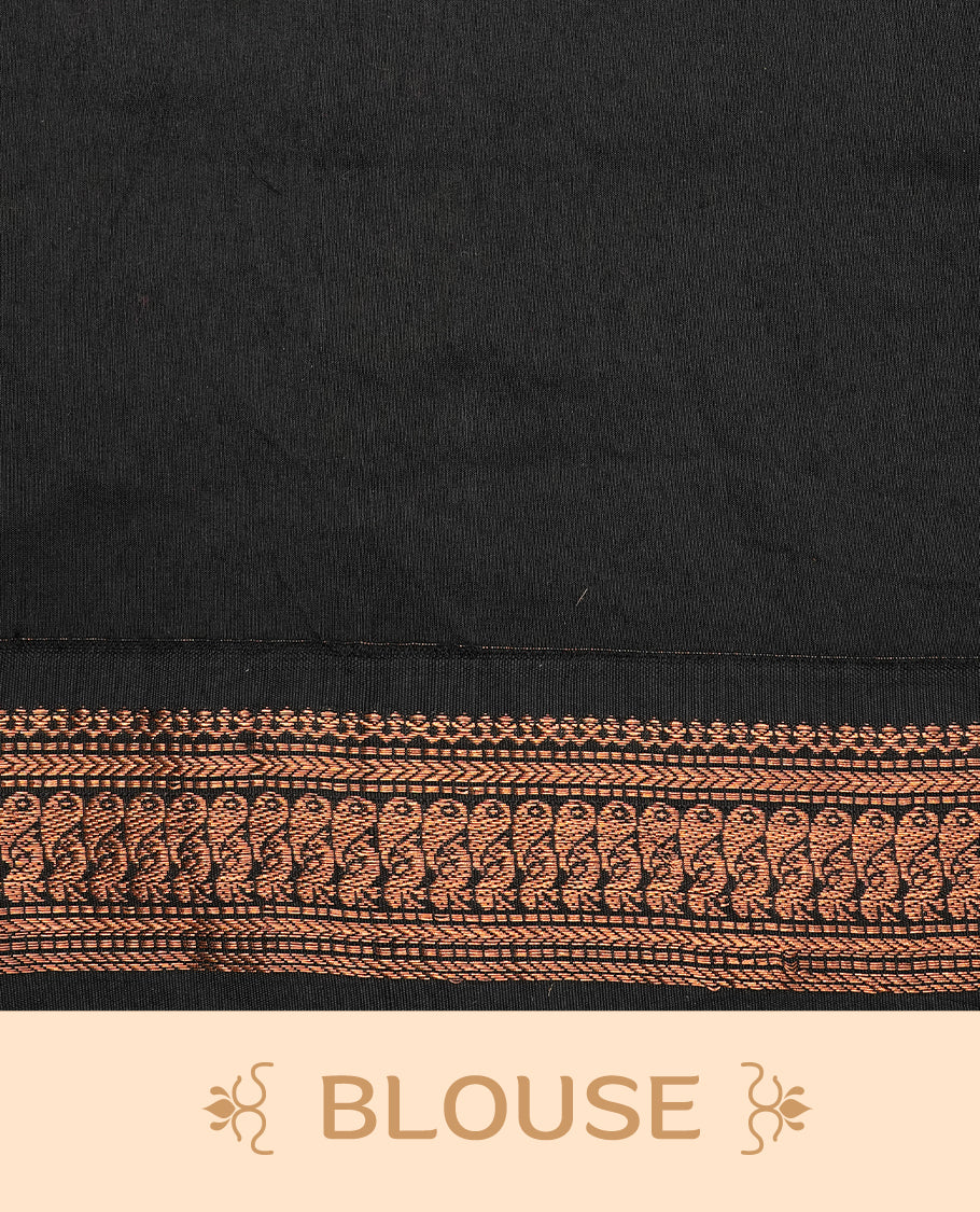 Orange colour kalyani cotton saree featuring antique zari motifs on body, complemented by Black colour with Antique zari border, paired with matching blouse piece.