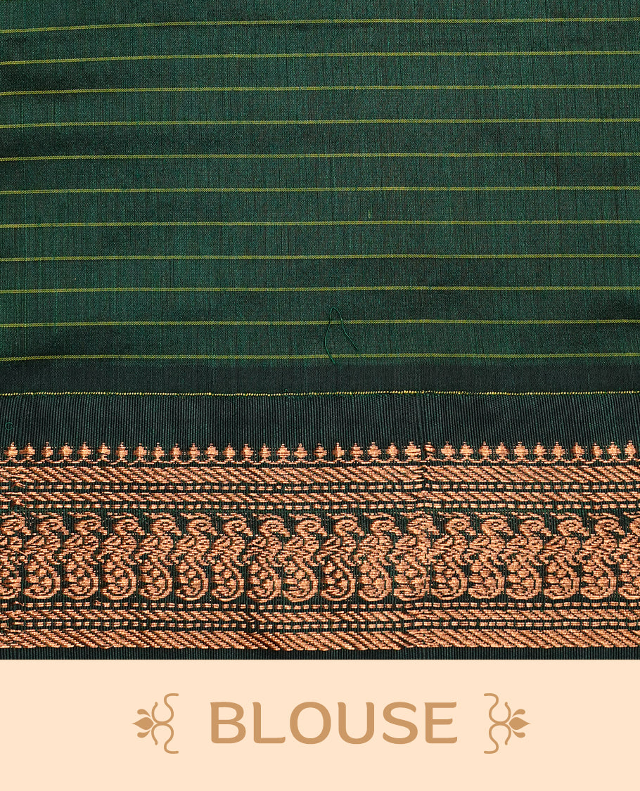 Maroon colour kalyani cotton saree featuring gold zari check pattern on body, complemented by green colour with Antique zari border, paired with matching blouse piece.
