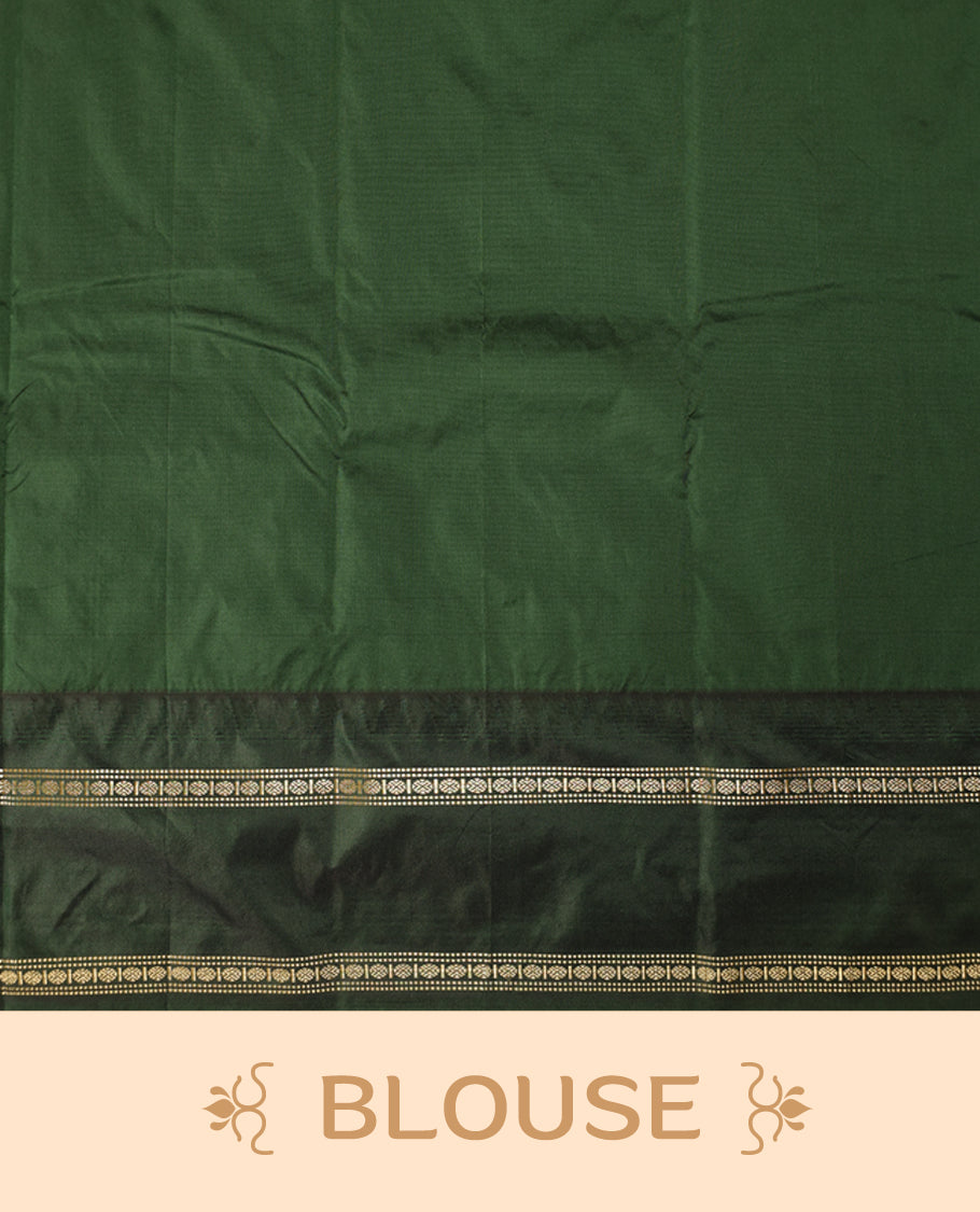 Mustard semi silk saree with plain body, vibrant deep green pallu and matching green border adorned with golden zari, accented with temple motifs along the edges, Paired with a matching blouse, perfect for festive occasions.