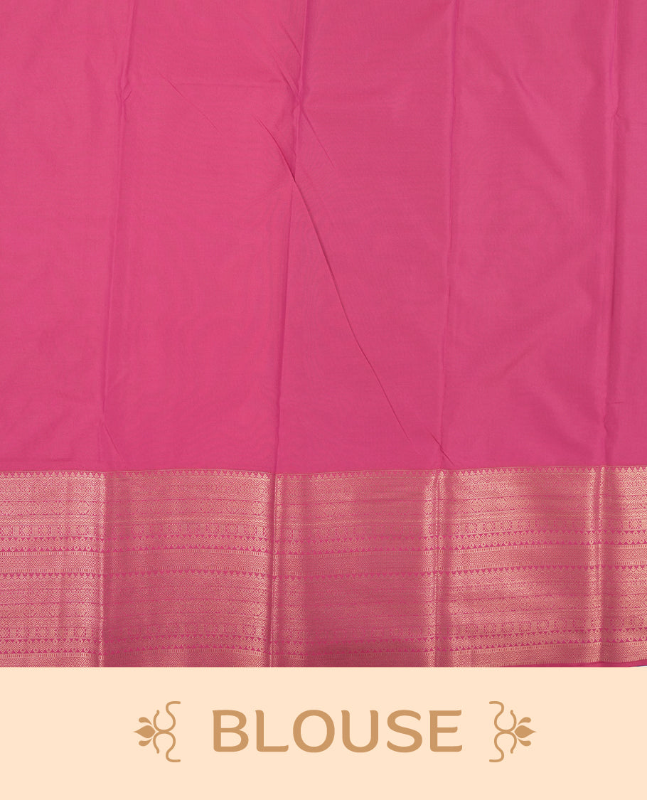 Dark Purple colour Semi Silk Saree with gold zari stripes on the body, paired with a contrast rani pink colour pallu with self colour gold zari traditioal border, and a matching blouse piece.