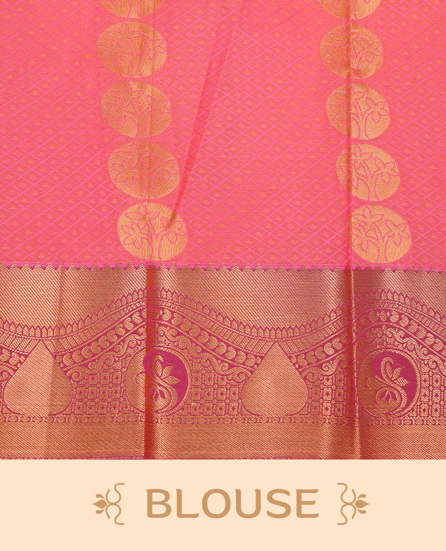 Pink colour Semi silk saree Featuring Gold zari motifs on body, complemented by contrast Maroon colour with gold zari border, paired with matching blouse piece.