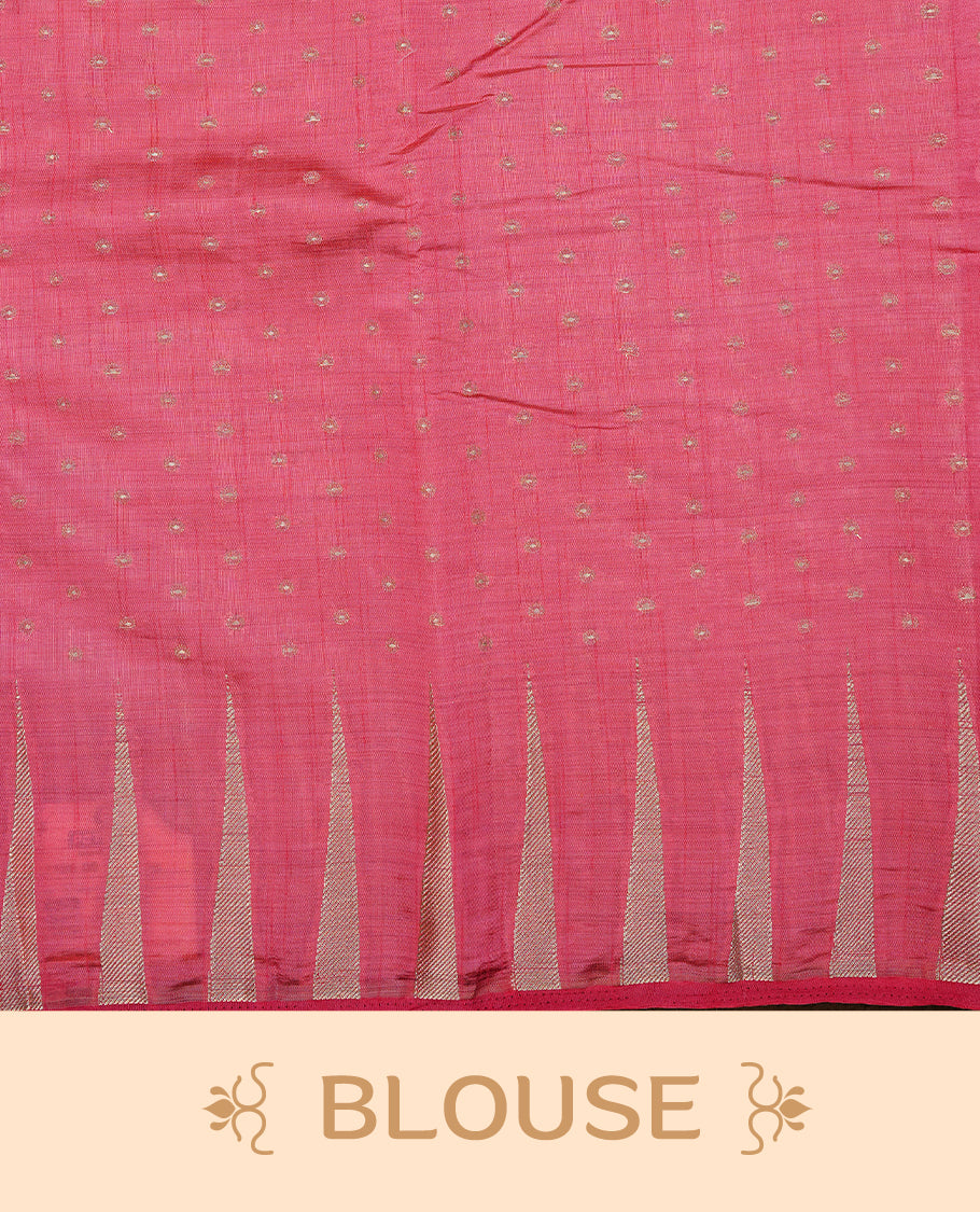 Pink colour semi tussar silk saree featuring gold zari dot motifs all over the body, highlighted by a self colour border with intricate gold zari temple patterns. Comes paired with a matching blouse piece.