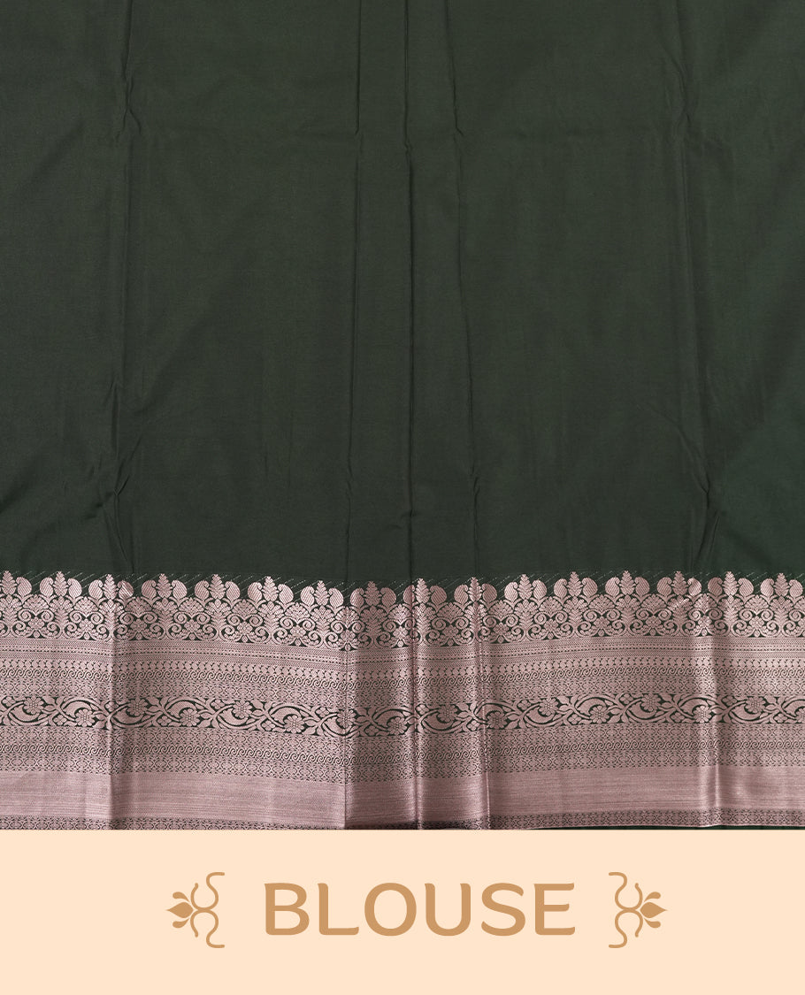 Olive brown colour Semi Silk Saree with copper zari checkered on the body, paired with a contrast Dark green colour pallu with Rose gold zari traditioal border, and a matching blouse piece.