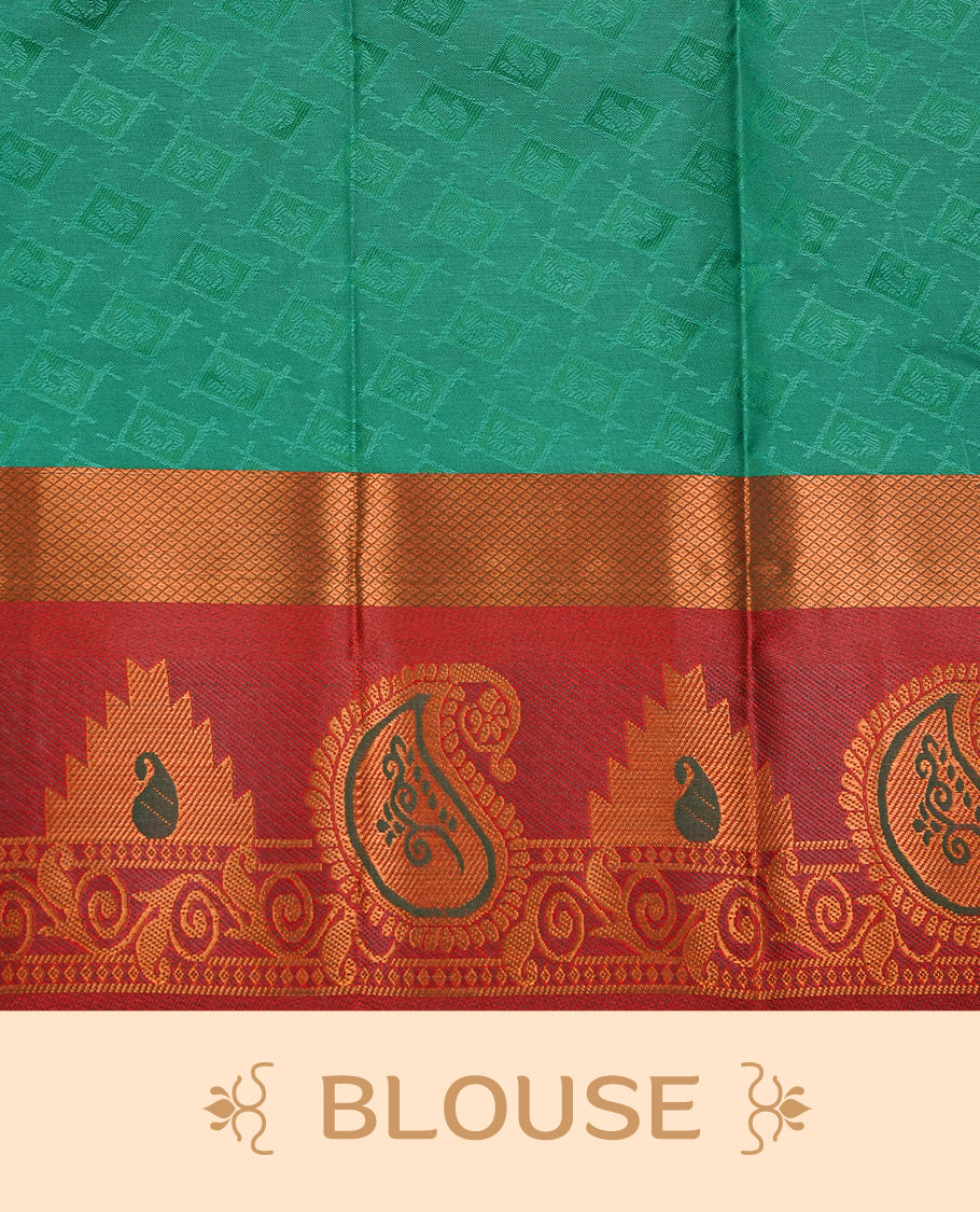 Grass green colour Semi silk saree Featuring self colour zari motifs on body, complemented by contrast Brick red colour with gold zari border, paired with matching blouse piece.