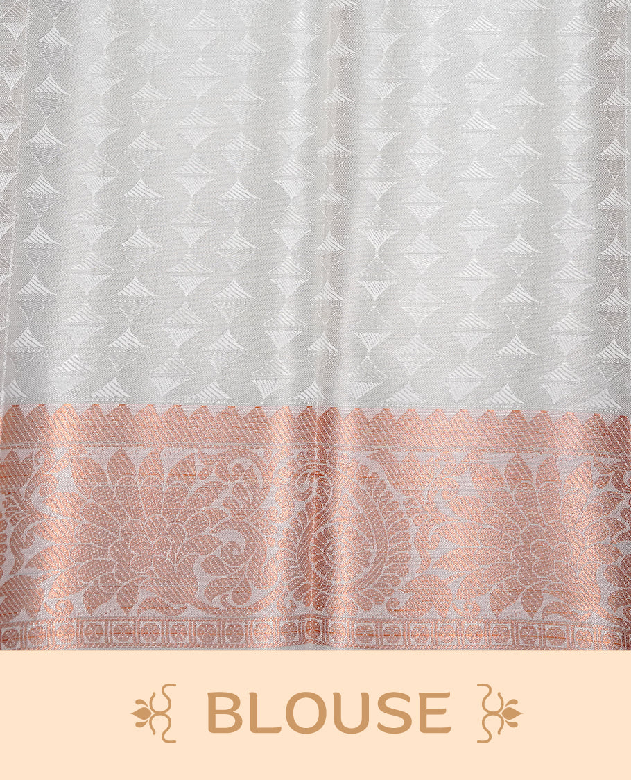Silver colour Semi silk saree Featuring Cream colour patterns on body, complemented by Self colour with Antique zari border, paired with matching blouse piece.
