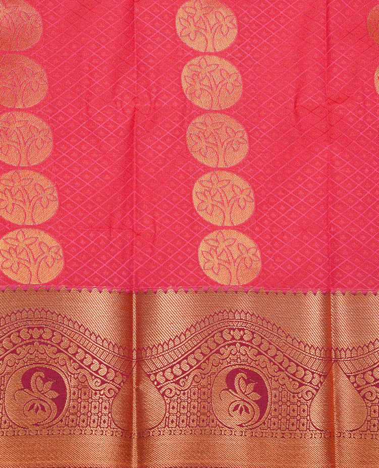 Orange Pink colour Semi silk saree Featuring Cream colour patterns on body, complemented by contrast Maroon colour with gold zari border, paired with matching blouse piece.
