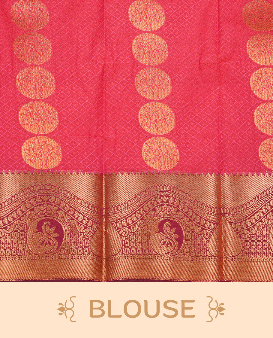 Orange Pink colour Semi silk saree Featuring Cream colour patterns on body, complemented by contrast Maroon colour with gold zari border, paired with matching blouse piece.