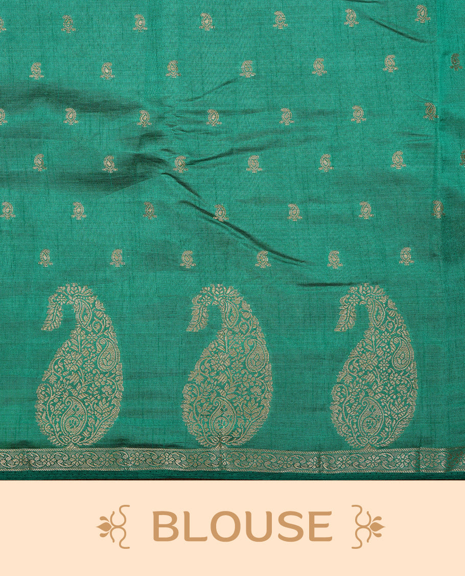 Green colour semi tussar silk saree featuring small gold zari mango motifs across the body, enhanced with a self colour border showcasing elegant gold zari mango patterns. Paired with a matching blouse piece.