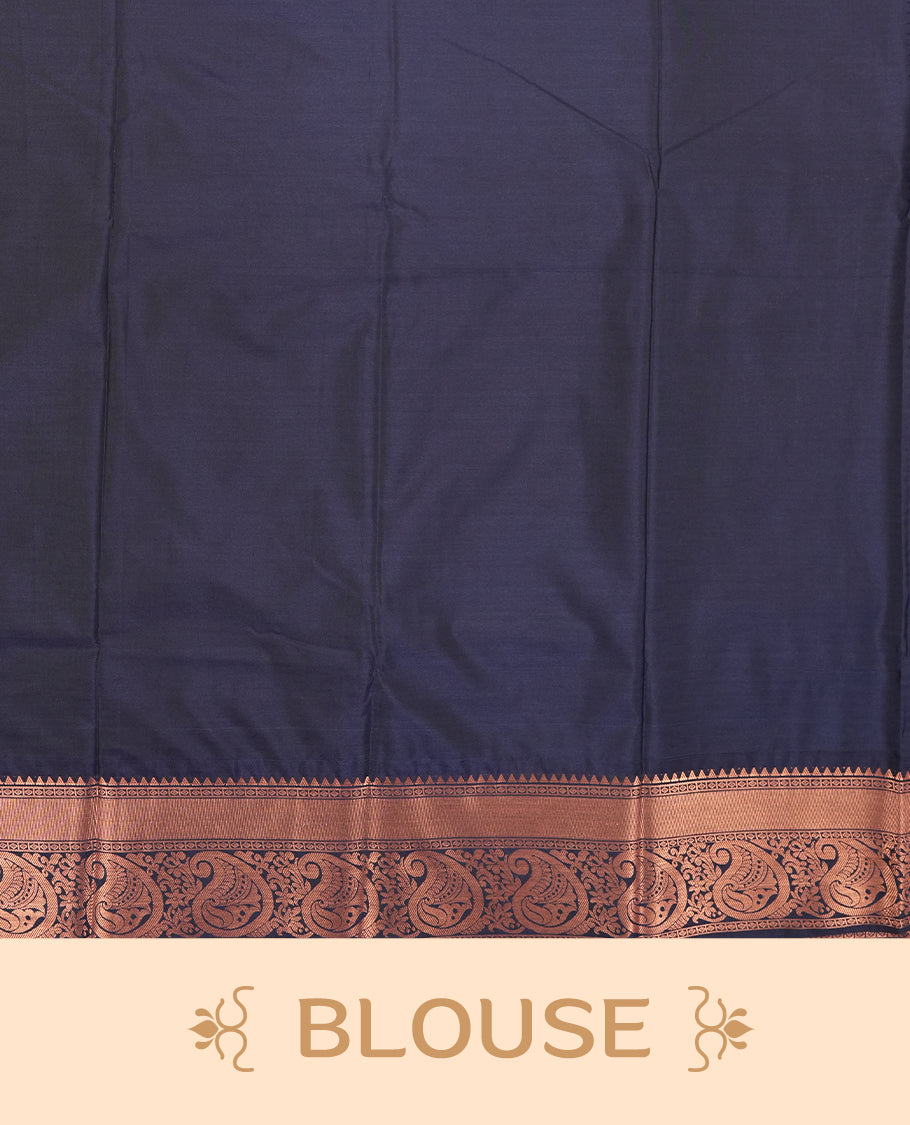 Burgundy colour Semi Silk Saree with gold zari motifs on the body, paired with a contrast Dark blue colour pallu with copper zari traditioal border, and a matching blouse piece.