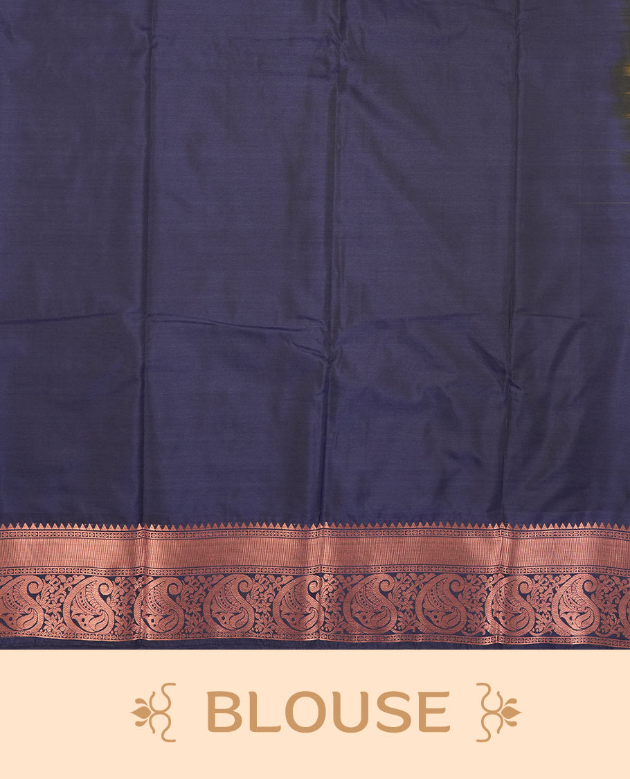 Dark mustard colour Semi Silk Saree with copper zari motifs on the body, paired with a contrast Dark blue colour pallu with copper zari traditioal border, and a matching blouse piece.