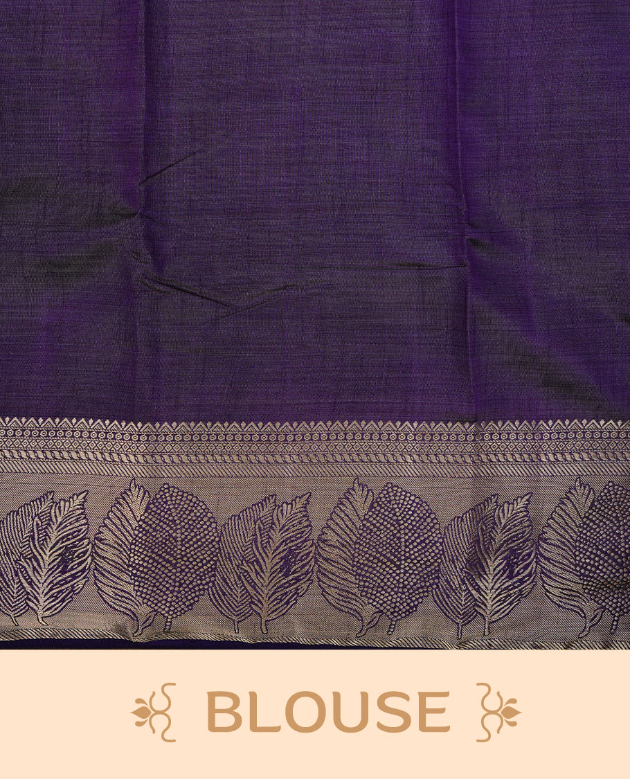 Purple colour semi tussar silk saree featuring an elegant plain body with traditional gold zari detailed border for a refined look. Comes paired with a matching blouse piece.