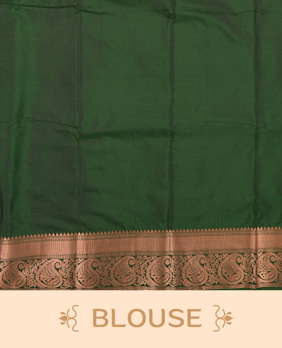 Dark green colour Semi Silk Saree with copper zari motifs on the body, paired with a contrast chocolate brown colour pallu with copper zari traditioal border, and a matching blouse piece.