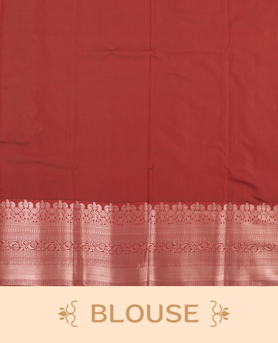 Mustard orange colour Semi Silk Saree with gold zari stripes on the body, paired with a contrast deep red colour pallu with rose gold zari traditioal border, and a matching blouse piece.