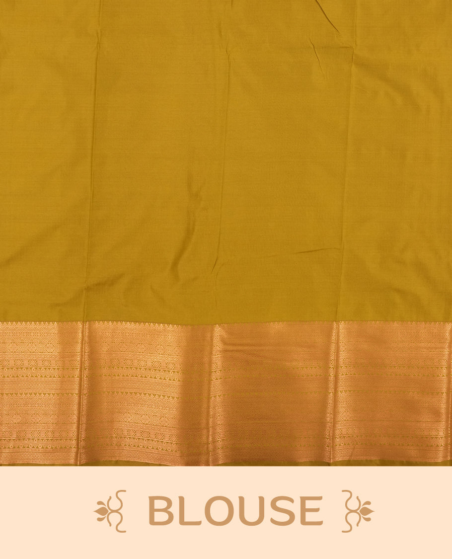 Dark Purple colour Semi Silk Saree with copper zari stripes on the body, paired with a contrast Khaki green colour pallu with copper zari traditioal border, and a matching blouse piece.