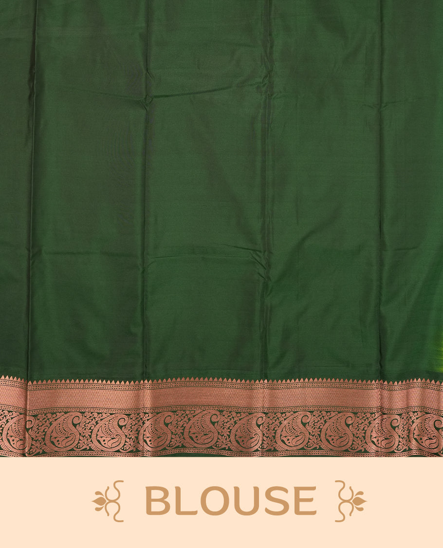 Mustard green colour Semi Silk Saree with gold zari motifs on the body, paired with a contrast Dark green colour pallu with copper zari traditioal border, and a matching blouse piece.