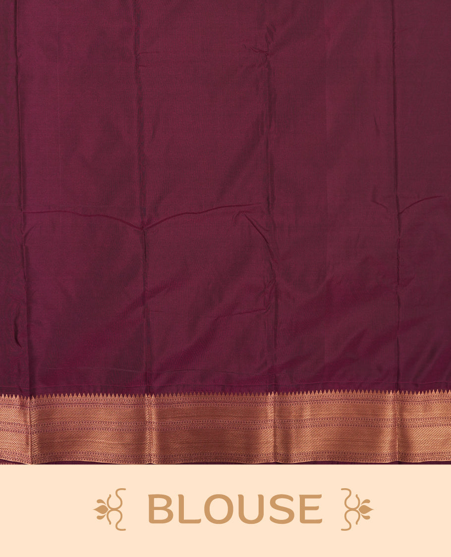 Light purple colour Semi Silk Saree with gold zari motifs on the body, paired with a contrast Wine colour pallu with copper zari traditioal border, and a matching blouse piece.