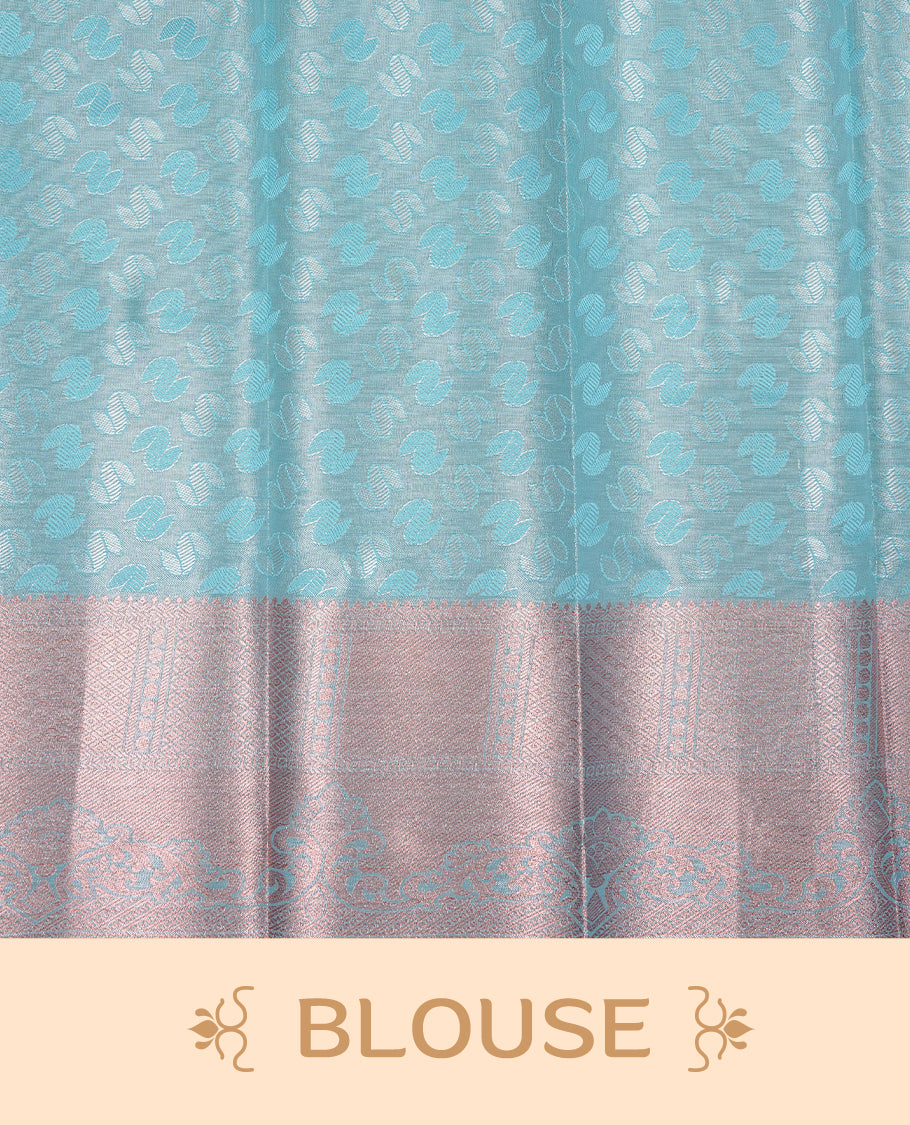 Aqua cyan colour Semi silk saree Featuring silver zari motifs on body, complemented by Self colour with Antique zari border, paired with matching blouse piece.