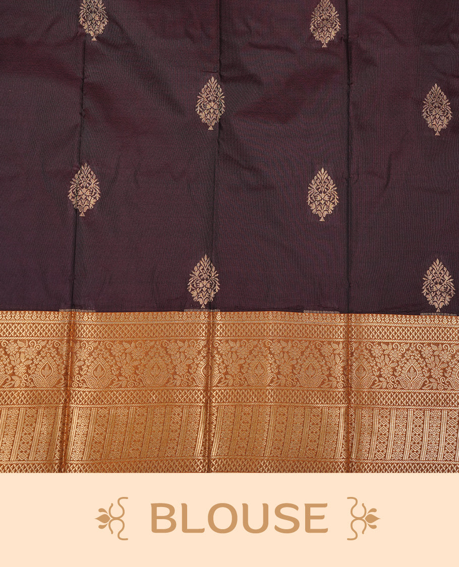 Dark chocolate colour Semi silk saree Featuring gold zari motifs on body, complemented by contrast Mustard colour with gold zari border, paired with matching blouse piece.