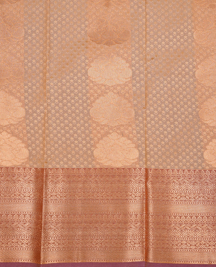 Beige colour Semi silk saree Featuring gold zari motifs on body, complemented by contrast Pastel maroon colour with gold zari border, paired with matching blouse piece.