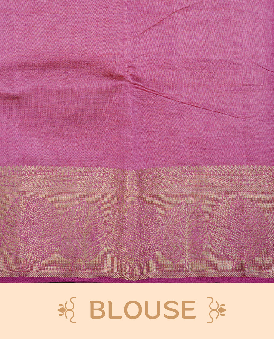 Pink colour semi tussar silk saree featuring an elegant plain body with traditional gold zari detailed border for a refined look. Comes paired with a matching blouse piece.