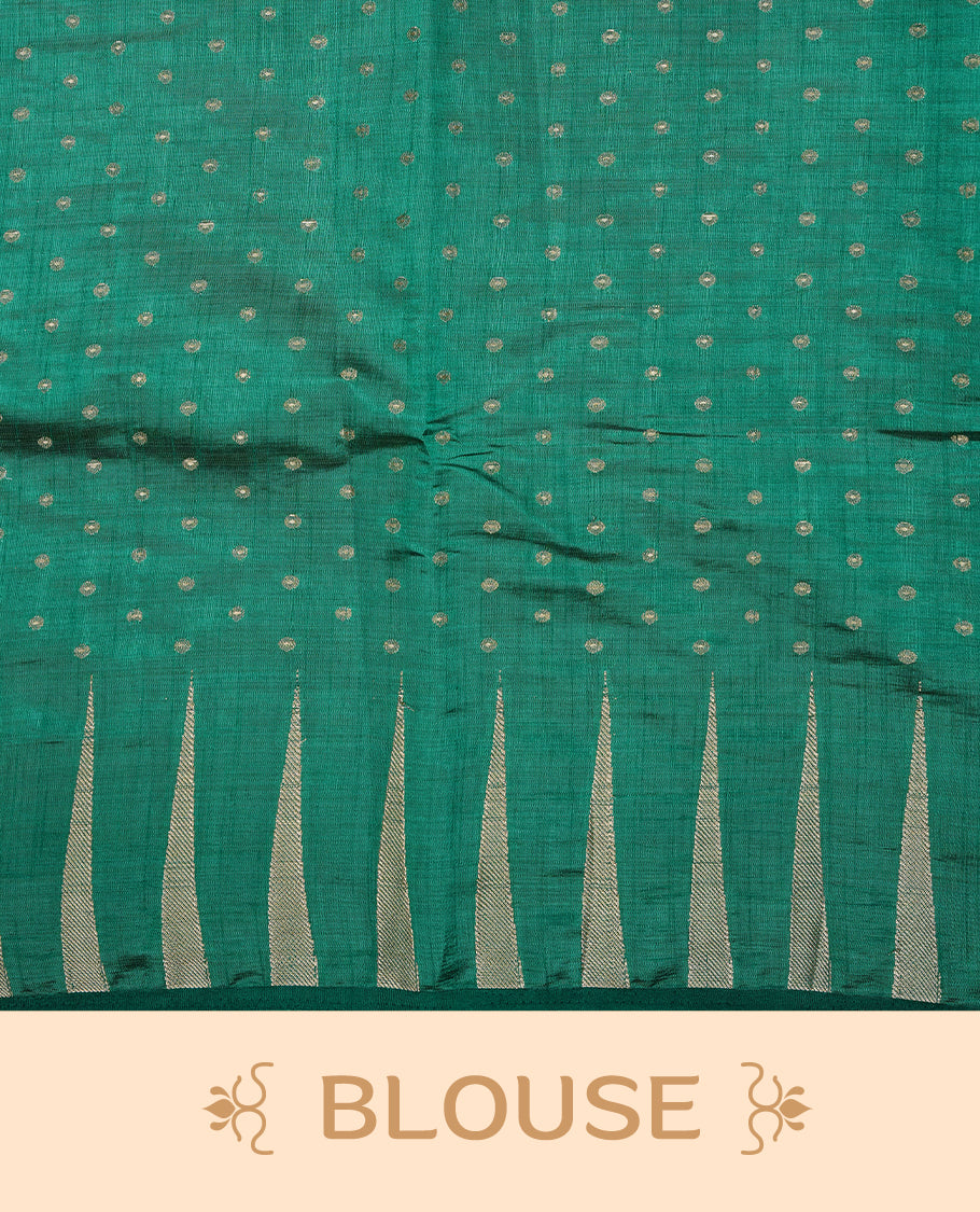 Cadmium green colour semi tussar silk saree featuring gold zari dot motifs all over the body, highlighted by a self colour border with intricate gold zari temple patterns. Comes paired with a matching blouse piece.