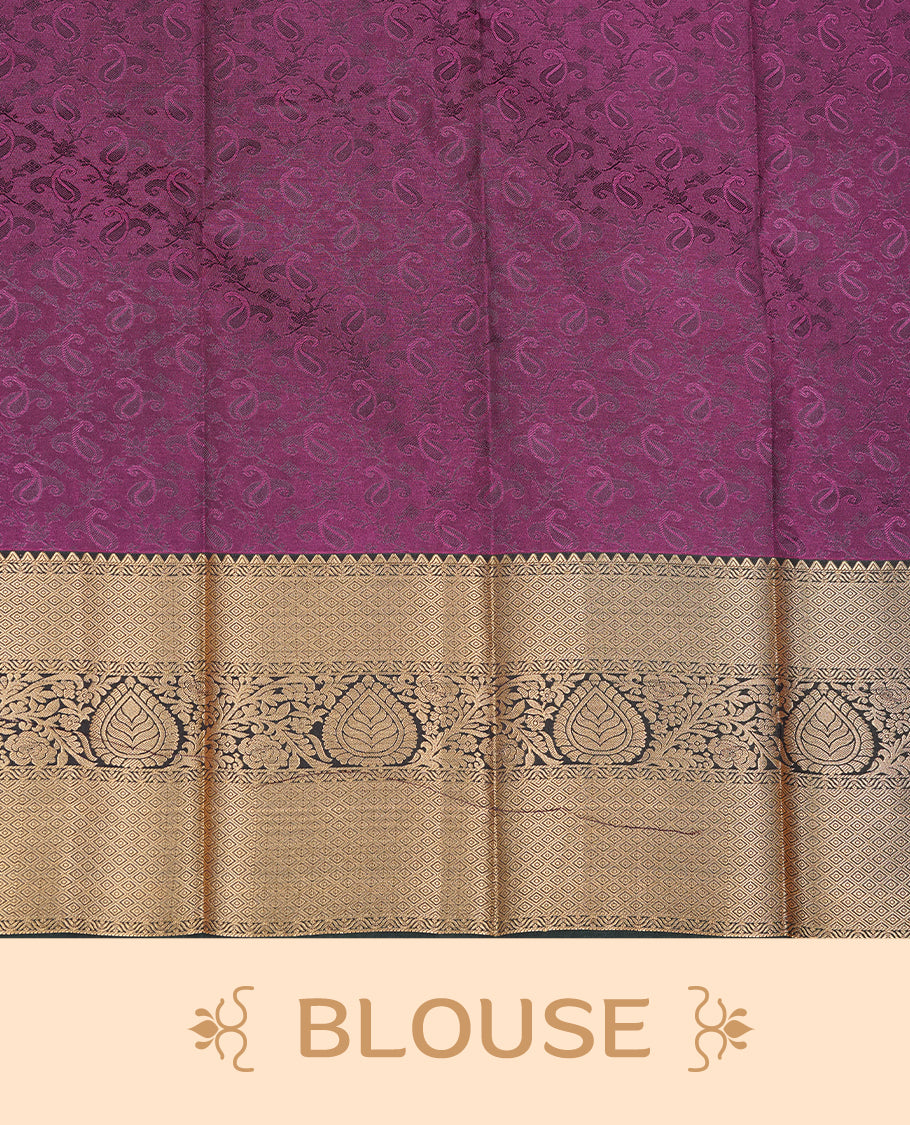 Purple colour Semi silk saree Featuring self colour zari motifs on body, complemented by contrast Green colour with gold zari border, paired with matching blouse piece.