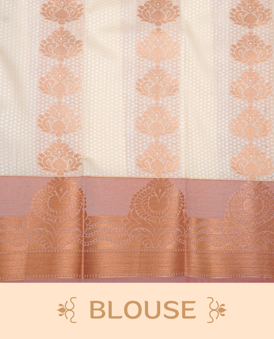 Off white colour Semi silk saree Featuring gold zari motifs on body, complemented by contrast pale orange colour with gold zari border, paired with matching blouse piece.