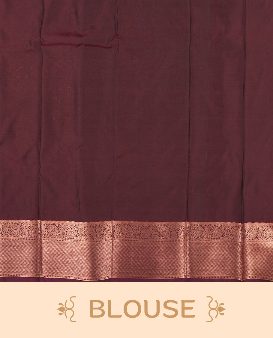 Khaki green colour Semi Silk Saree with gold zari stripes on the body, paired with a contrast Dark brown colour pallu with gold zari traditioal border, and a matching blouse piece.