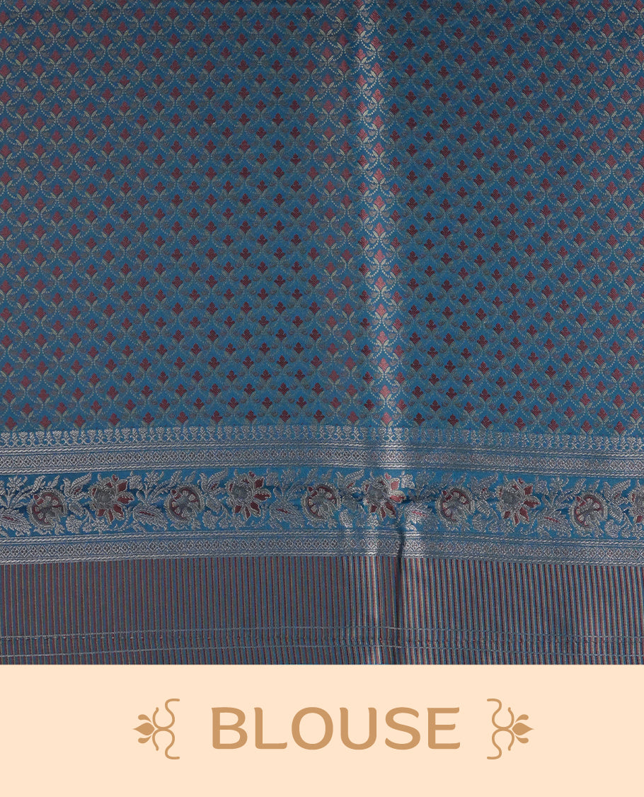 Teal colour Mulberry silk saree featuring gold zari Mango & floral kodi pattern across body, complemented by self colour border with gold zari work, comes with matching blouse piece.