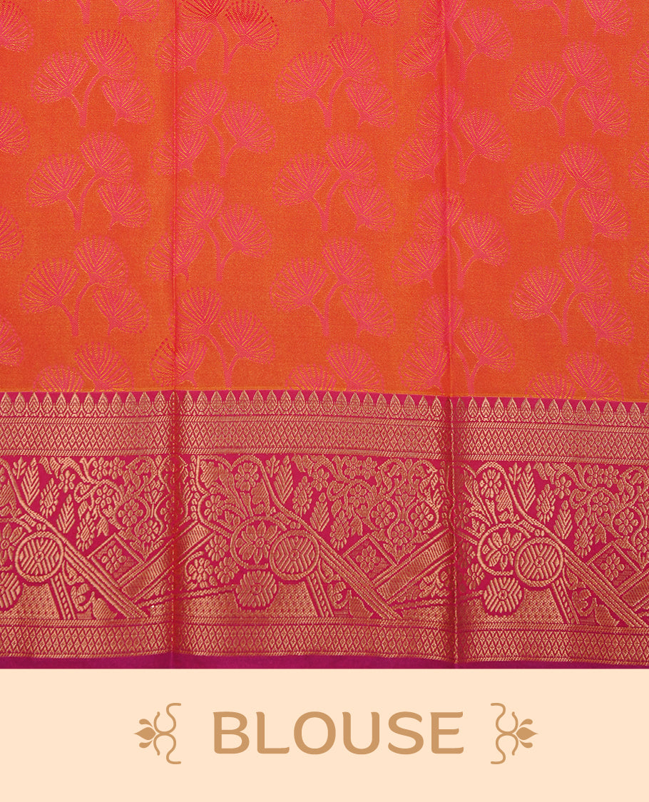 Orange colour Semi silk saree Featuring selfcolour zari motifs on body, complemented by contrast Magenta colour with gold zari border, paired with matching blouse piece.