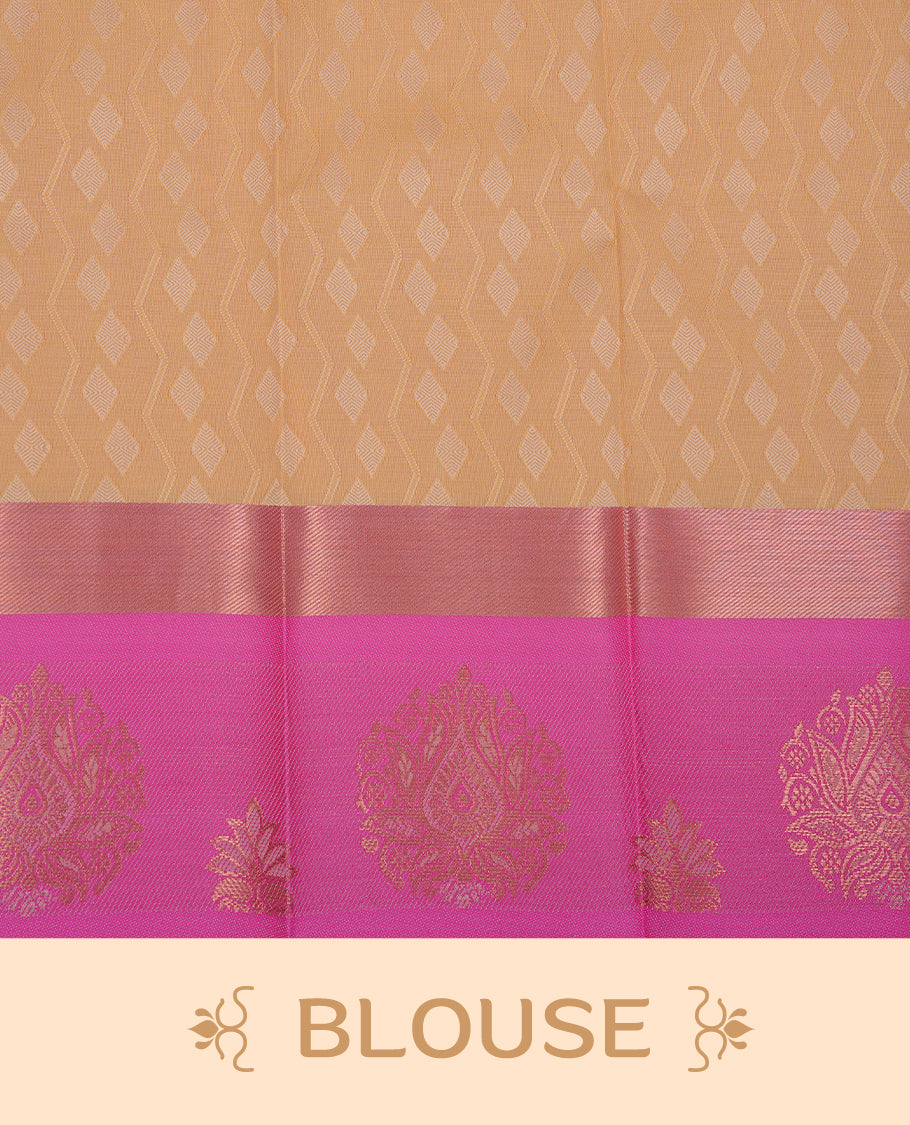 Pale yellow colour Semi silk saree featuirng Cream colour patterns on body, complemented by contrast magenta colour with gold zari border, paired with matching blouse piece.