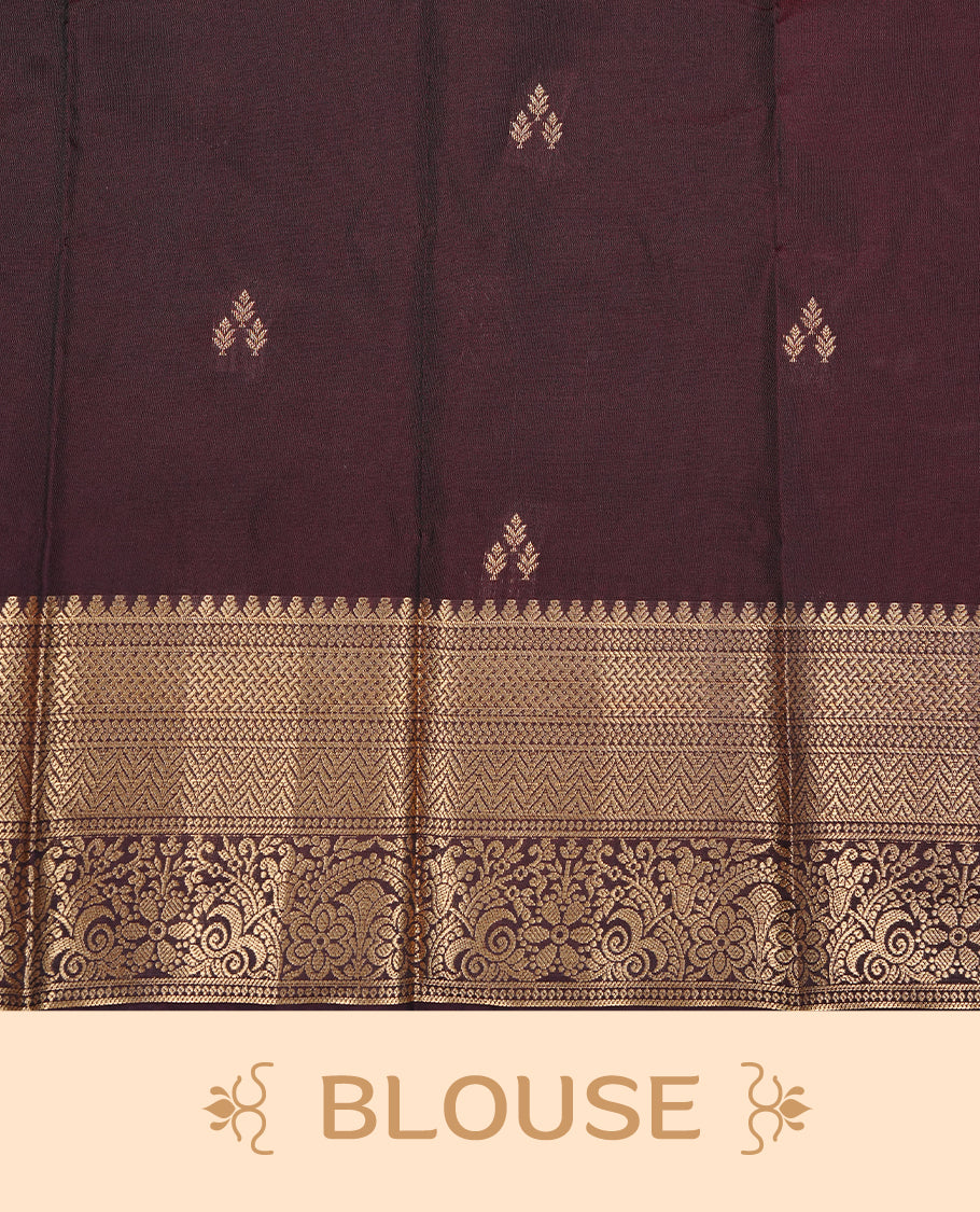 Dark chocolate colour Semi silk saree Featuring gold zari motifs on body, complemented by Self colour with gold zari border, paired with matching blouse piece.