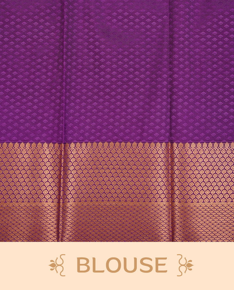Grey colour Semi silk saree Featuring gold zari motifs on body, complemented by contrast Purple colour with gold zari border, paired with matching blouse piece.