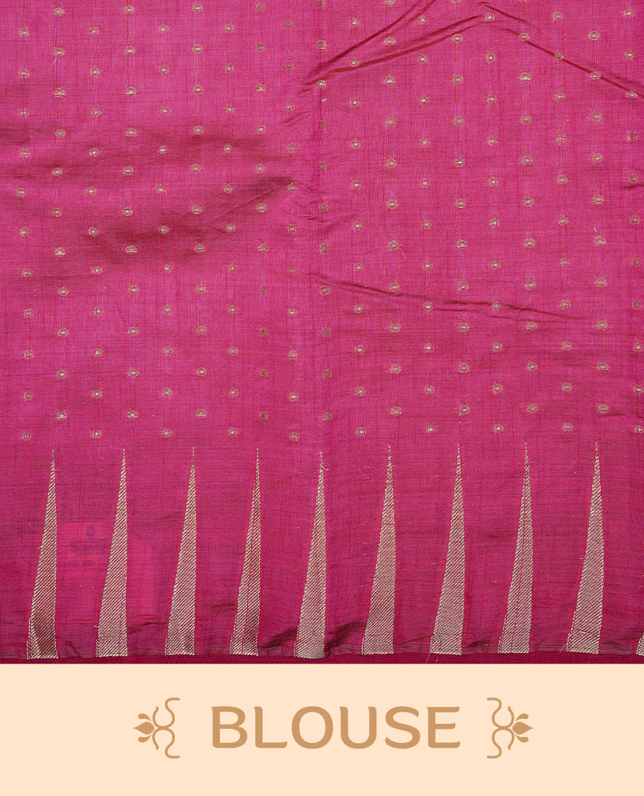 Rani pink colour semi tussar silk saree featuring gold zari dot motifs all over the body, highlighted by a self colour border with intricate gold zari temple patterns. Comes paired with a matching blouse piece.