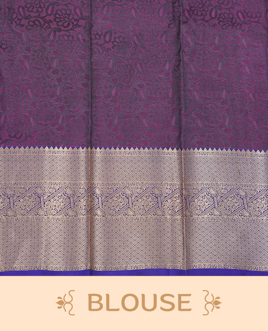 Purple pink colour Semi silk saree Featuring black colour patterns on body, complemented by contrast blue colour with gold zari border, paired with matching blouse piece.