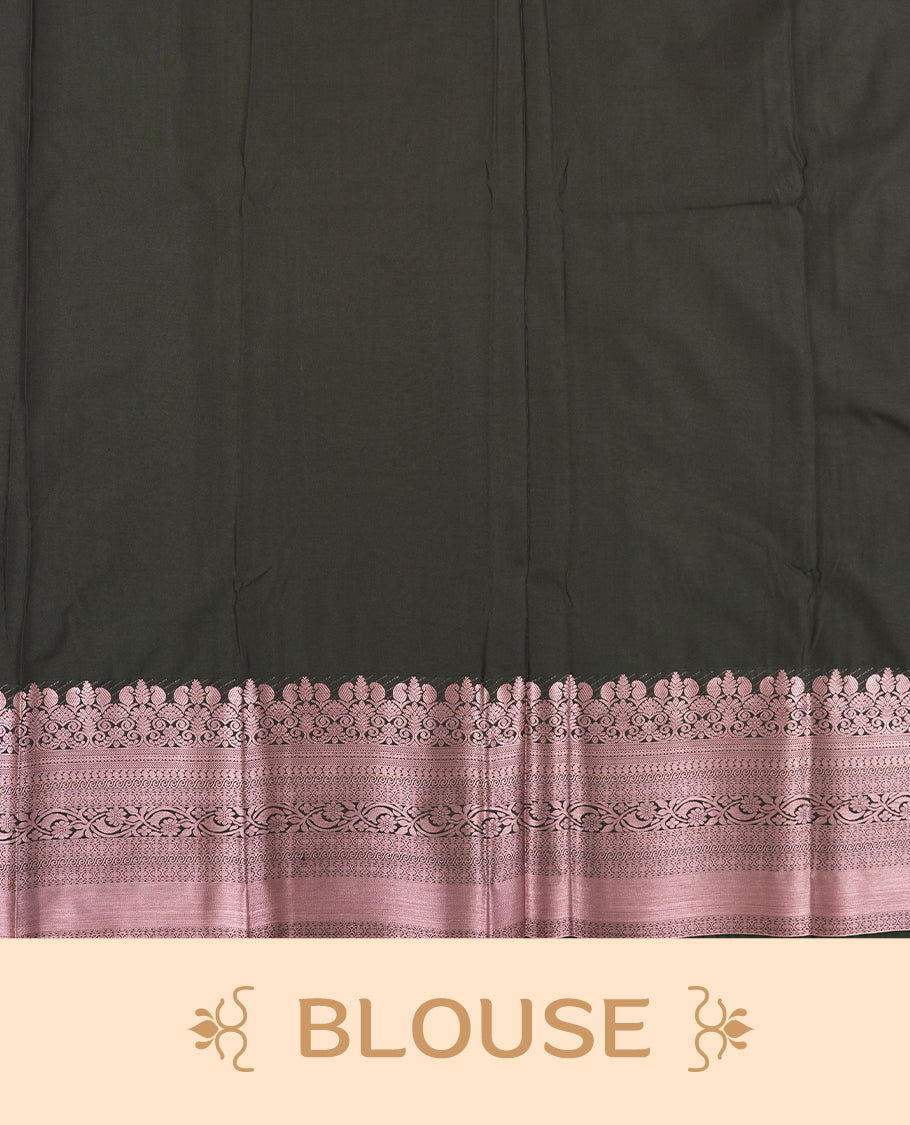 Purple colour Semi Silk Saree with rose gold zari checkered on the body, paired with a contrast Dark green colour pallu with Rose gold zari traditioal border, and a matching blouse piece.