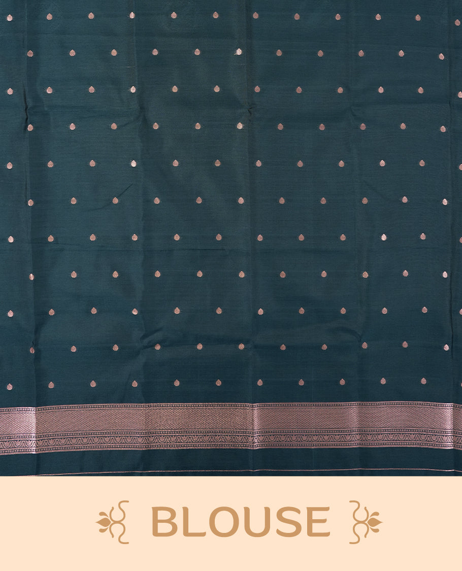 Dark green semi silk saree featuring elegant circular motifs on the body, complemented by a striking pallu adorned with intricate wavy white thread patterns with golden border, and paired with a matching blouse