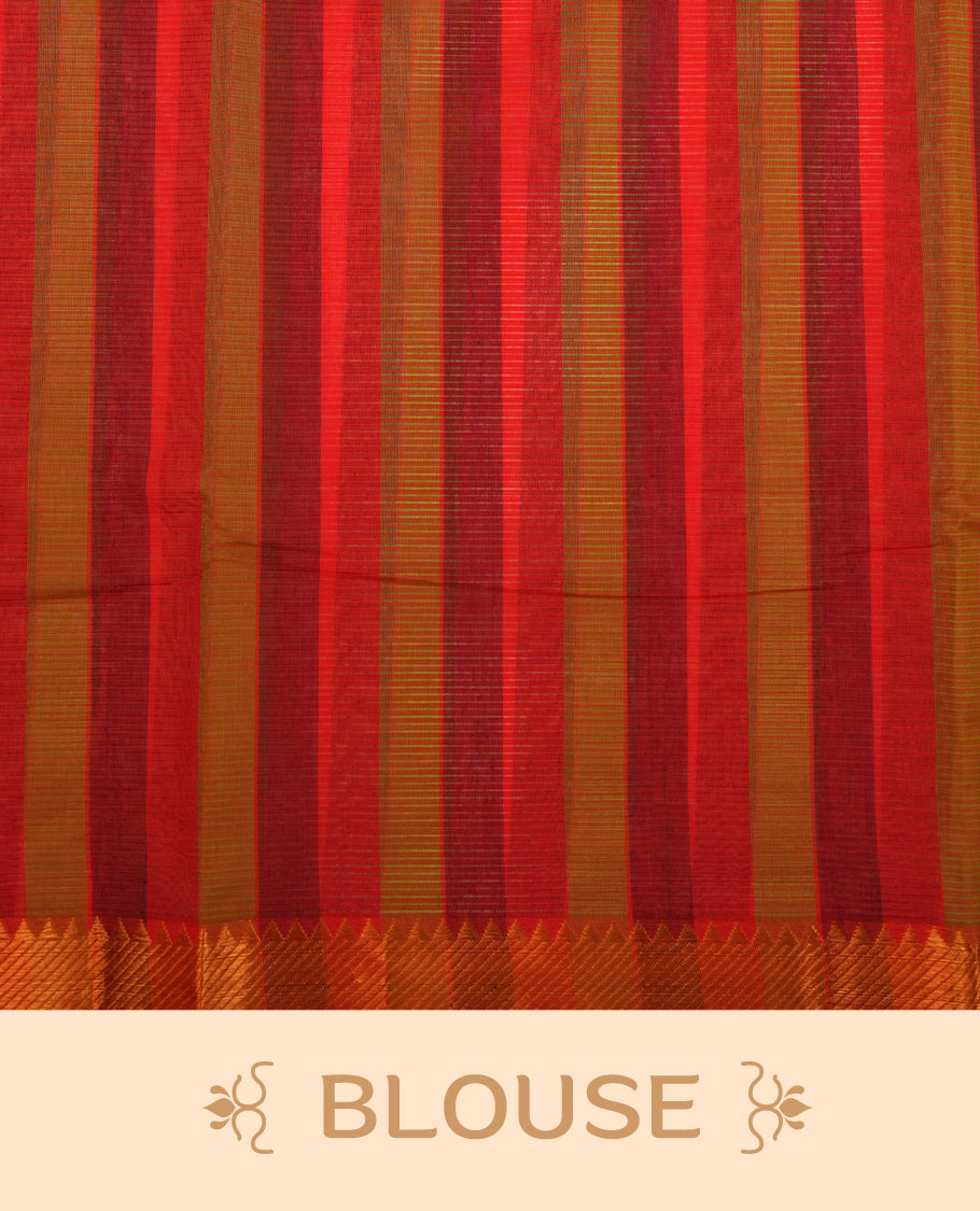 Purple, Dark Gold & Red Colour Mangalagiri Cotton Featuring Contrast stripes On Body ,Complemented By Gold Zari border & Contrast Pallu ,Paired With Matching Blouse Piece.