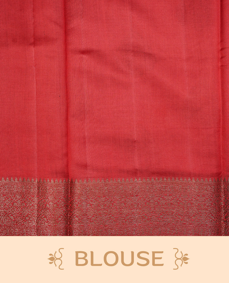 Red Colour Pure Banaras Soft Silk saree featuring Antique Zari buttas in body, complemented by zari work on self colour border, paired with matching Blouse Piece.