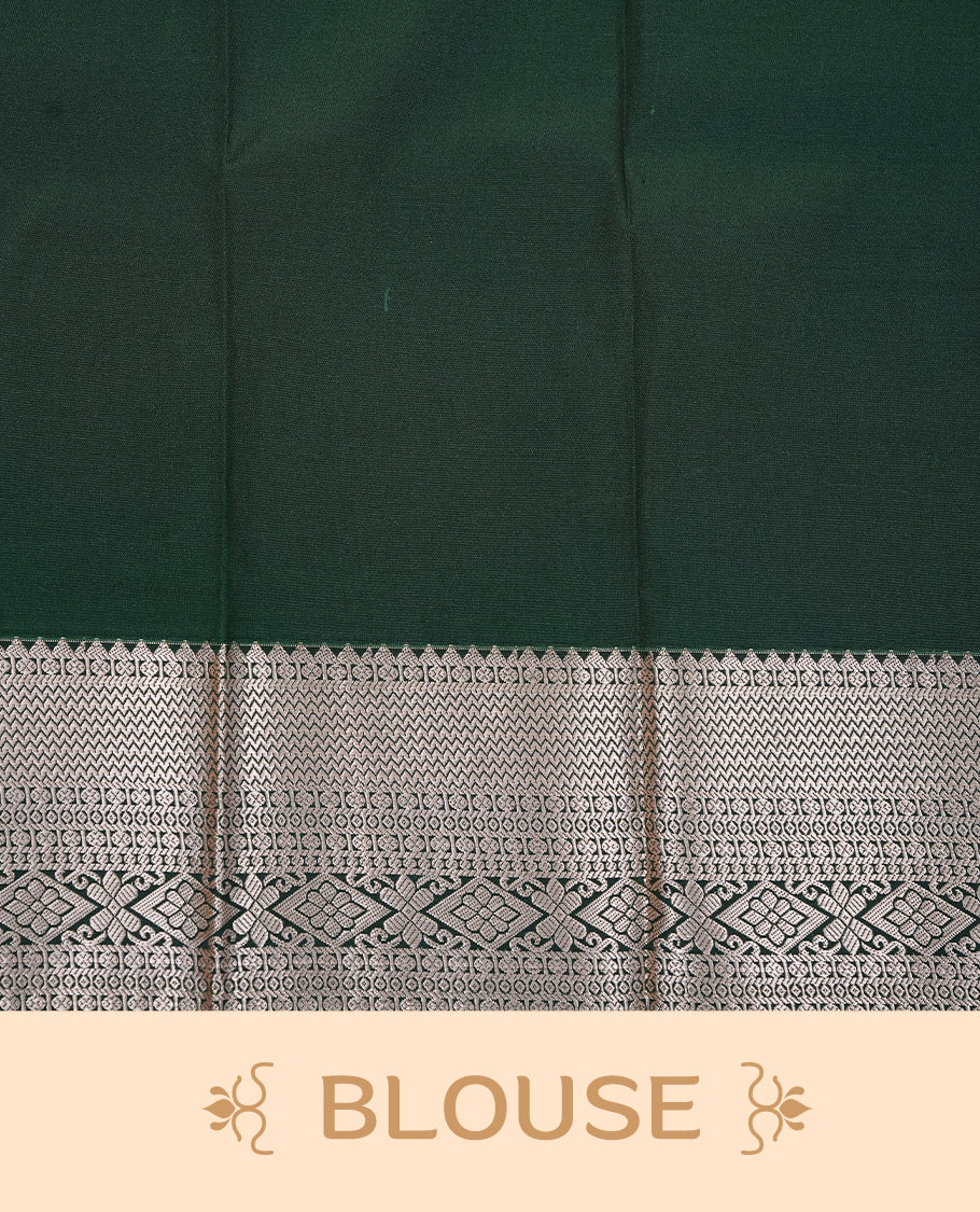 Olive colour Semi silk saree Featuring gold zari motifs on body, complemented by Contrast Green colour with gold zari border, paired with matching blouse piece.