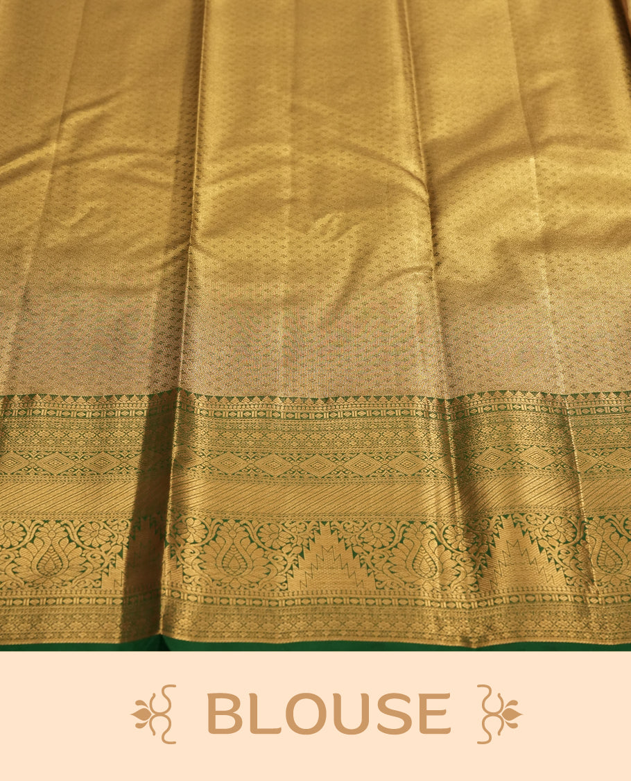 Golden colour Tissue Brocade Saree features intricate a green colour flower Motifs on body and a green colour traditional border & pallu with patterns, paired with matching blouse
