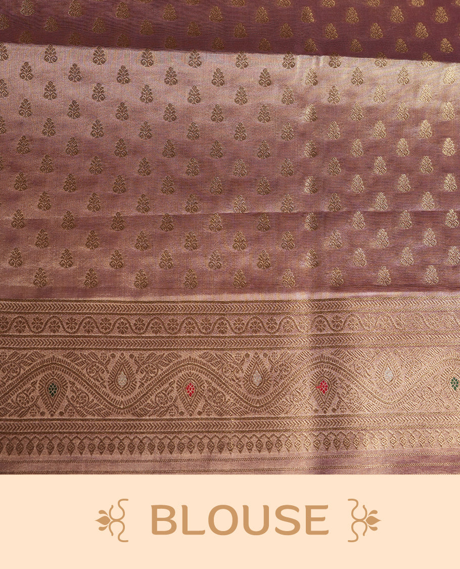 Pink & Gold double shade colour tissue banaras silk saree featuring antique gold zari motifs on the body with rich traditional zari border and pallu, paired with a matching blouse piece.